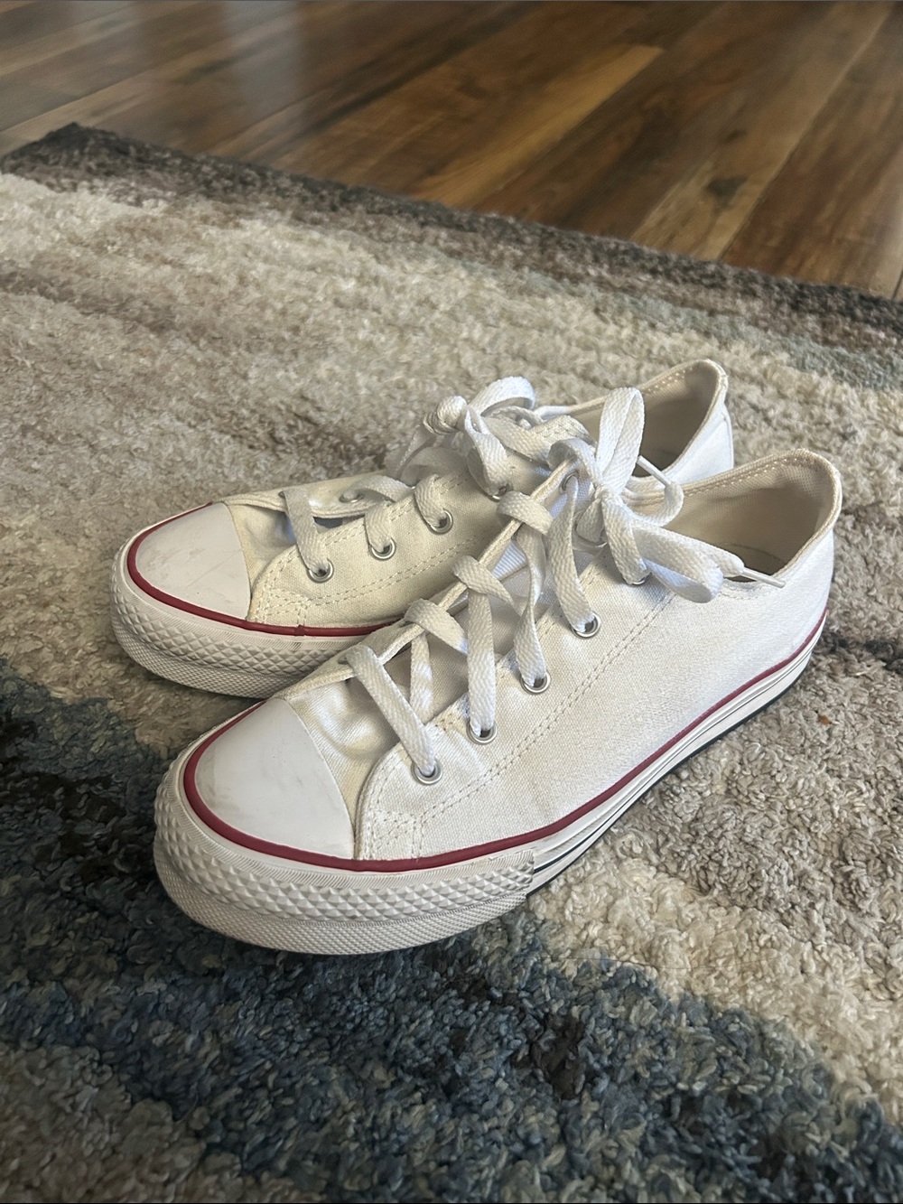 Converse All Star White Canvas Low-Tops with Red and Navy Trim - Picture 2 of 8
